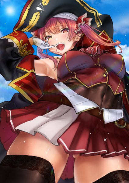 Anime picture 1191x1684 with virtual youtuber hololive houshou marine houshou marine (1st costume) gyudan (t1k 7) single long hair tall image open mouth light erotic twintails sky red hair :d pleated skirt from below armpit (armpits) heterochromia covered navel ass visible through thighs