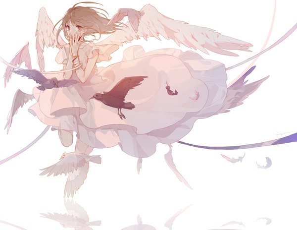 Anime picture 3508x2714 with original zhibuji loom single long hair looking at viewer highres simple background brown hair white background absurdres pink eyes covered mouth white wings girl dress ribbon (ribbons) animal wings white dress bird (birds)