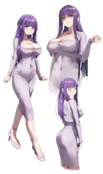 Anime picture 2079x3504 with sousou no frieren fern (sousou no frieren) dongtan lady (k pring) dotthebot long hair tall image fringe highres breasts light erotic simple background large breasts white background purple eyes cleavage purple hair blunt bangs eyes closed covered navel sweatdrop