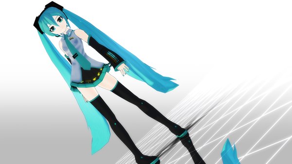 Anime picture 1920x1080 with vocaloid hatsune miku tagme (artist) highres simple background smile wide image standing twintails very long hair aqua eyes aqua hair zettai ryouiki reflection girl thighhighs skirt black thighhighs detached sleeves necktie