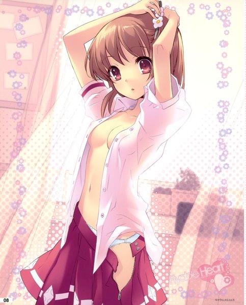 Anime picture 2902x3600 with flyable heart charamel inaba yui itou noiji single tall image highres short hair light erotic red eyes brown hair open clothes official art open shirt girl skirt miniskirt