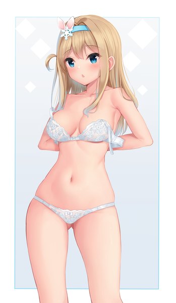 Anime picture 2036x3497 with girls frontline suomi kp31 (girls frontline) bachibachi (tisen) single long hair tall image blush fringe highres breasts open mouth blue eyes light erotic simple background blonde hair large breasts standing looking away underwear only one side up