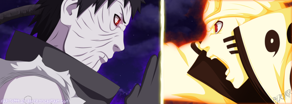 Anime picture 1490x535 with naruto studio pierrot naruto (series) uzumaki naruto uchiha obito tobi naruto999-by-roker short hair open mouth black hair blonde hair red eyes wide image cloud (clouds) profile night sky coloring torn clothes multiview angry