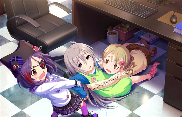 Anime picture 1280x824 with idolmaster idolmaster cinderella girls idolmaster cinderella girls starlight stage hoshi syoko hayasaka mirei morikubo nono long hair looking at viewer blush short hair open mouth blonde hair multiple girls yellow eyes purple hair ahoge bent knee (knees) white hair red hair :d