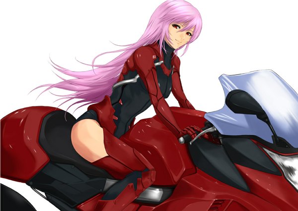 Anime picture 1052x744 with vocaloid megurine luka din (raiden) single long hair looking at viewer fringe simple background smile red eyes white background sitting pink hair girl motorcycle