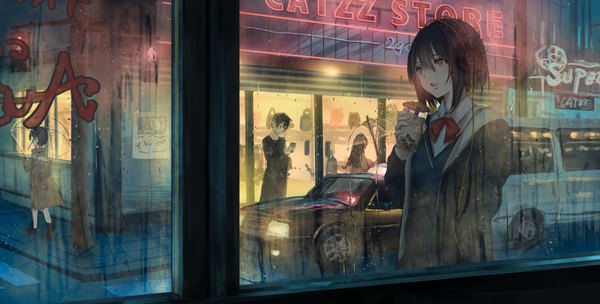 Anime picture 2000x1014 with original catzz blush fringe highres short hair open mouth black hair hair between eyes wide image standing holding yellow eyes payot looking away outdoors open jacket solo focus hand in pocket drinking