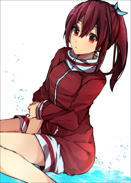 Anime picture 812x1136 with free! kyoto animation matsuoka gou nanase09rr single long hair tall image looking at viewer breasts red eyes sitting ponytail red hair barefoot legs girl uniform hair ornament gym uniform