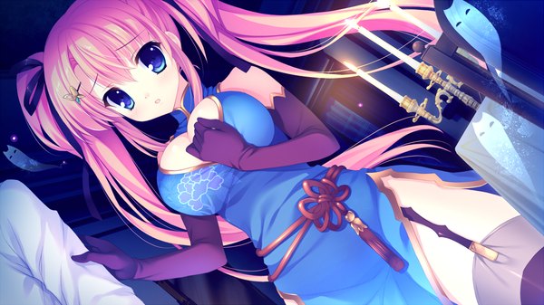 Anime picture 1280x720 with alia's carnival! shinomori yumi mitha long hair blush blue eyes wide image twintails bare shoulders pink hair game cg chinese clothes girl thighhighs gloves ribbon (ribbons) black thighhighs hair ribbon elbow gloves chinese dress