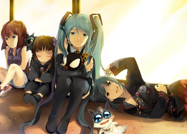 Anime picture 1500x1075 with d.gray-man detective conan ranma 1/2 mahoujin guruguru akazukin chacha vocaloid hatsune miku lenalee lee hibiki ryouga p-chan kukuri haibara ai riiya (akazukin chacha) runia (artist) long hair blue eyes smile brown hair sitting twintails