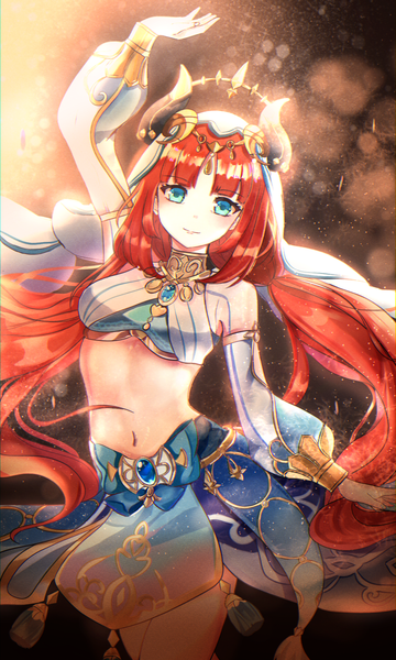 Anime picture 1200x2000 with genshin impact nilou (genshin impact) chocola s single long hair tall image looking at viewer fringe twintails red hair blunt bangs long sleeves arm up horn (horns) aqua eyes midriff low twintails dancing girl navel