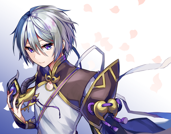 Anime picture 1120x880 with fate (series) fate/grand order prince of lan ling (fate) ohitashi netsurou single looking at viewer blush fringe short hair simple background smile hair between eyes white background purple eyes holding silver hair upper body traditional clothes gradient background chinese clothes