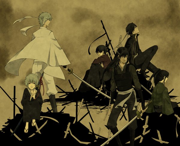 Anime picture 1600x1300 with gintama sunrise (studio) sakata gintoki takasugi shinsuke katsura kotarou long hair short hair black hair red eyes sitting silver hair ponytail japanese clothes profile from behind black eyes looking up back to back multiple persona curly hair