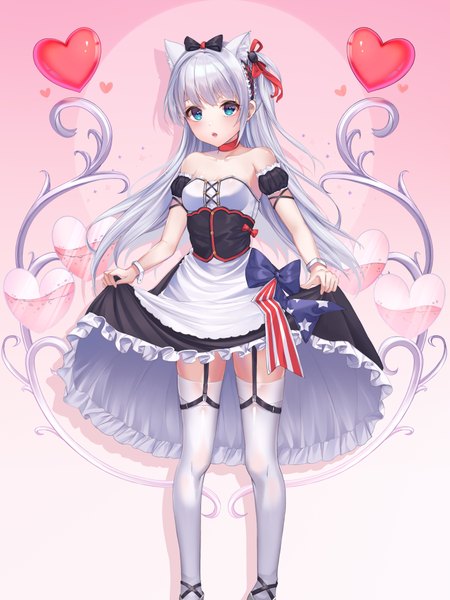 Anime picture 3000x4000 with azur lane hammann (azur lane) foka (beginner) single long hair tall image looking at viewer blush fringe highres breasts open mouth blue eyes simple background standing bare shoulders animal ears silver hair blunt bangs cat ears