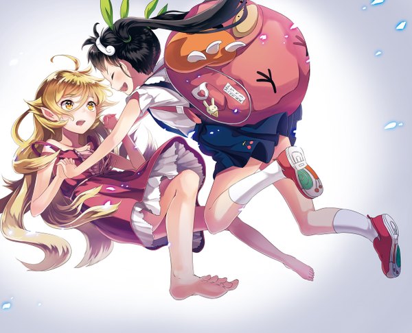 Anime picture 1300x1055 with bakemonogatari shaft (studio) monogatari (series) oshino shinobu hachikuji mayoi sheep sleep long hair blush open mouth black hair blonde hair multiple girls yellow eyes eyes closed barefoot loli girl dress 2 girls socks