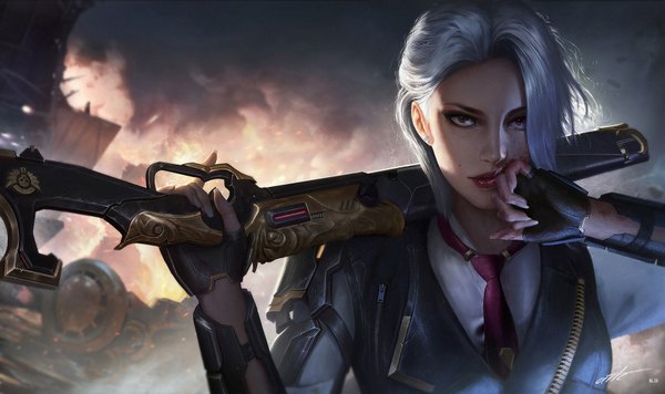 Anime picture 1772x1053 with overwatch blizzard entertainment ashe (overwatch) wang chen single looking at viewer fringe highres short hair wide image standing holding brown eyes signed upper body white hair nail polish fingernails lips realistic