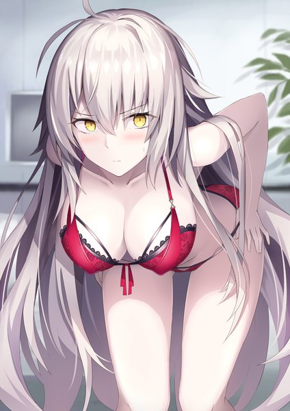 Anime picture 1301x1841 with fate (series) fate/grand order jeanne d'arc (fate) (all) jeanne d'arc alter (fate) rin yuu single tall image looking at viewer blush fringe breasts light erotic hair between eyes large breasts standing yellow eyes cleavage silver hair ahoge indoors