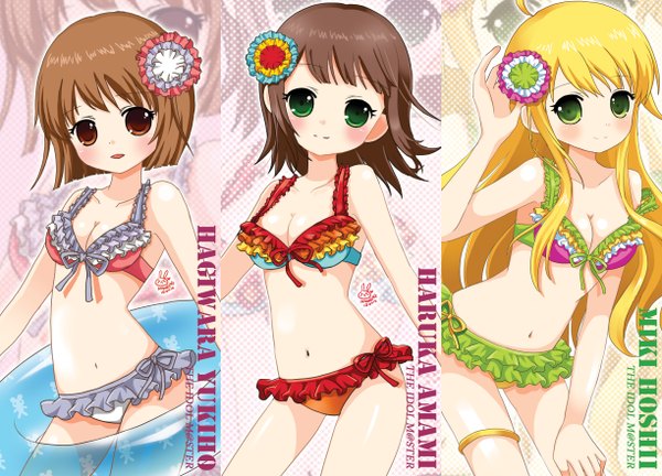 Anime picture 1224x882 with idolmaster hoshii miki amami haruka hagiwara yukiho long hair blush short hair breasts light erotic blonde hair brown hair multiple girls brown eyes green eyes cleavage hair flower text girl hair ornament swimsuit