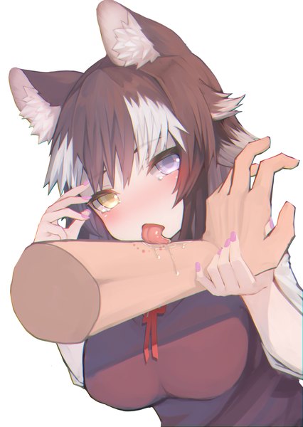 Anime picture 2480x3496 with kemono friends grey wolf (kemono friends) st.takuma tall image looking at viewer blush fringe highres short hair breasts light erotic simple background brown hair large breasts white background purple eyes animal ears yellow eyes upper body nail polish