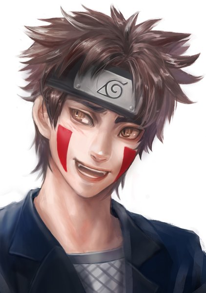 Anime picture 1200x1705 with naruto studio pierrot naruto (series) inuzuka kiba catlover single tall image fringe short hair open mouth simple background smile brown hair white background brown eyes lips teeth fang (fangs) portrait eyebrows