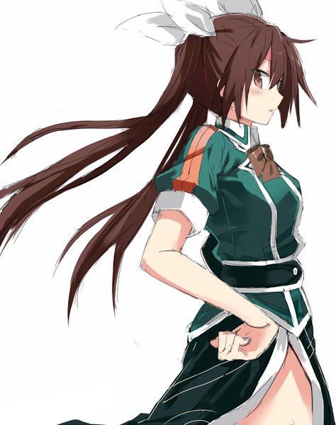 Anime picture 790x1000 with kantai collection tone heavy cruiser kuhotaka single long hair tall image looking at viewer blush open mouth simple background brown hair white background twintails brown eyes profile hands on hips girl bow hair bow
