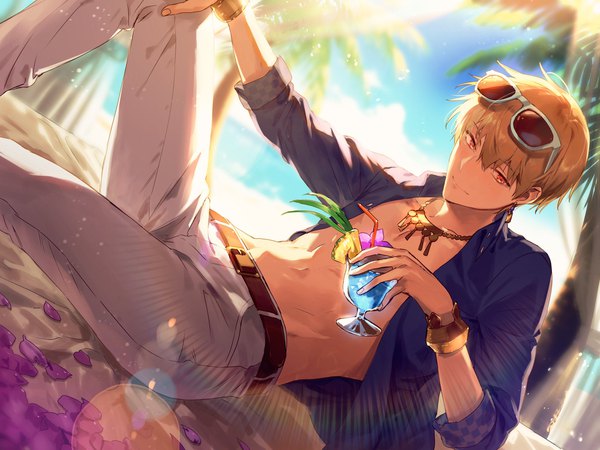 Anime picture 2048x1536 with fate (series) fate/grand order gilgamesh (fate) gilgamesh (caster) (fate) bikkusama single fringe highres short hair blonde hair hair between eyes red eyes outdoors open shirt beach lens flare reclining sunglasses on head hand on knee establishment (fate/grand order)