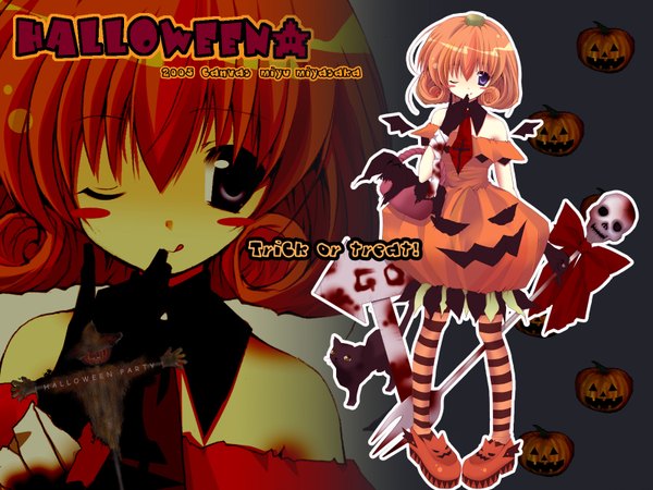 Anime picture 1600x1200 with miyasaka miyu blush short hair blue eyes bare shoulders one eye closed wink orange hair finger to mouth halloween bat wings thighhighs gloves hair ornament animal wings necktie tongue cat striped thighhighs