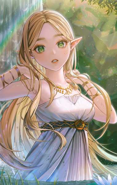 Anime picture 2657x4192 with the legend of zelda the legend of zelda: breath of the wild nintendo princess zelda tamaki599 single long hair tall image looking at viewer highres blonde hair green eyes outdoors parted lips pointy ears sunlight wet partially submerged waterfall girl