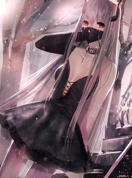 Anime picture 1024x1383 with nana-e single long hair tall image looking at viewer fringe breasts blonde hair red eyes standing cleavage horn (horns) bare tree girl dress plant (plants) tree (trees) black dress mask collar