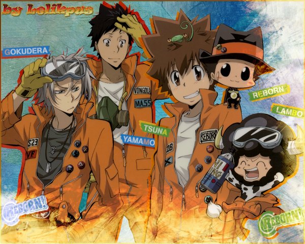 Anime picture 1280x1024 with katekyou hitman reborn sawada tsunayoshi gokudera hayato yamamoto takeshi reborn lambo leon (khr) smile horn (horns) gloves uniform hat