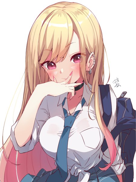 Anime picture 1500x2000 with sono bisque doll wa koi wo suru cloverworks kitagawa marin amagasa nadame single long hair tall image blush simple background blonde hair white background upper body nail polish pink eyes fingernails piercing ear piercing long fingernails hand on face twisty sleeves