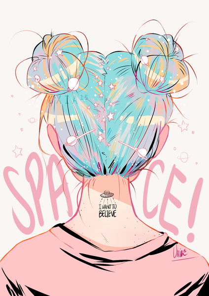 Anime picture 1280x1810 with original uxia15 single tall image short hair simple background signed upper body multicolored hair from behind aqua hair hair bun (hair buns) tattoo text pink background english girl star (symbol)