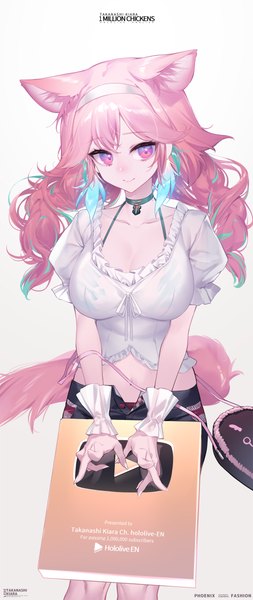 Anime picture 1053x2500 with virtual youtuber hololive hololive english youtube takanashi kiara yaguo single long hair tall image looking at viewer fringe breasts light erotic simple background smile hair between eyes large breasts white background purple eyes animal ears