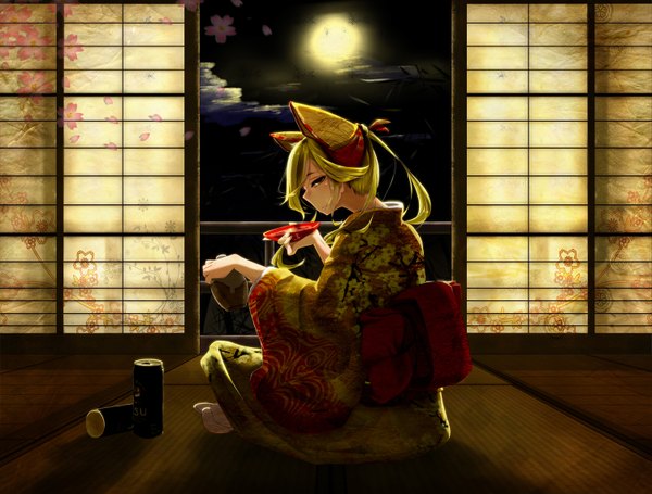 Anime picture 1501x1140 with original momo (pixiv) single long hair looking at viewer sitting holding green eyes animal ears sky cloud (clouds) traditional clothes japanese clothes aqua hair night girl flower (flowers) petals kimono moon