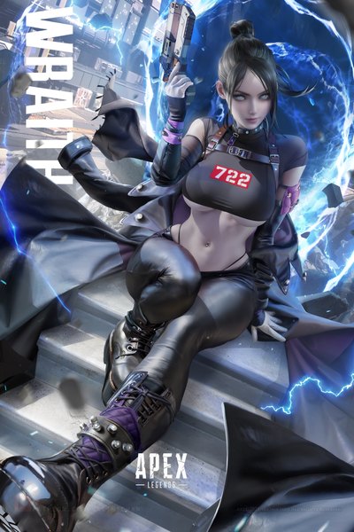 Anime picture 2333x3500 with apex legends wraith (apex legends) sakimichan single long hair tall image looking at viewer highres breasts light erotic black hair large breasts sitting holding payot full body bent knee (knees) outdoors ponytail arm up