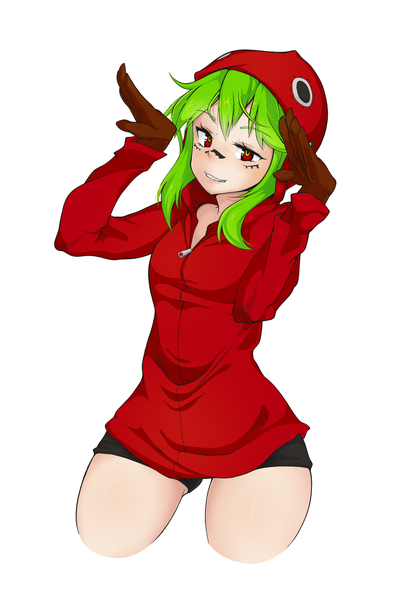Anime picture 1280x1920 with vocaloid matryoshka (vocaloid) gumi tiribrush single tall image blush fringe short hair simple background smile hair between eyes red eyes standing white background payot upper body long sleeves parted lips green hair