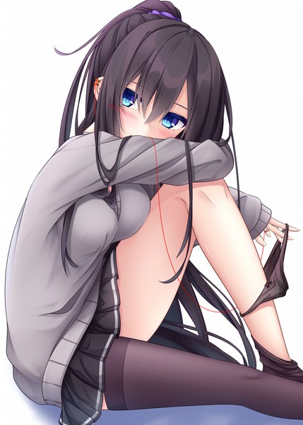 Anime picture 1072x1500 with original yoye (pastel white) single long hair tall image blush fringe blue eyes light erotic black hair simple background hair between eyes white background bent knee (knees) ponytail pleated skirt shadow piercing sleeves past wrists ear piercing