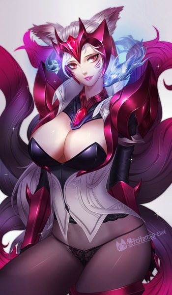 Anime picture 839x1438 with league of legends ahri (league of legends) gu-ko citemer single long hair tall image breasts light erotic smile red eyes large breasts animal ears looking away cleavage silver hair tail head tilt lips fox girl multiple tails
