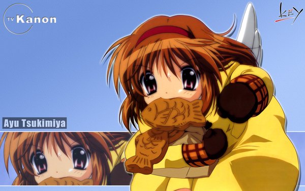 Anime picture 1920x1200 with kanon key (studio) tsukimiya ayu single looking at viewer highres brown hair wide image holding pink eyes copyright name character names mouth hold zoom layer girl food sweets winter clothes wagashi mittens