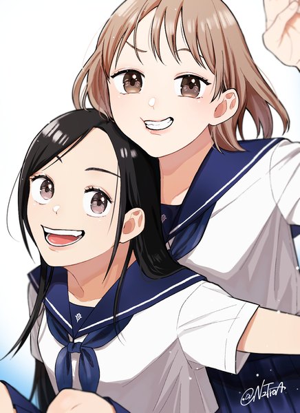 Anime picture 1219x1679 with original nazutaro long hair tall image short hair open mouth black hair simple background smile brown hair white background multiple girls signed :d black eyes twitter username grin girl uniform 2 girls