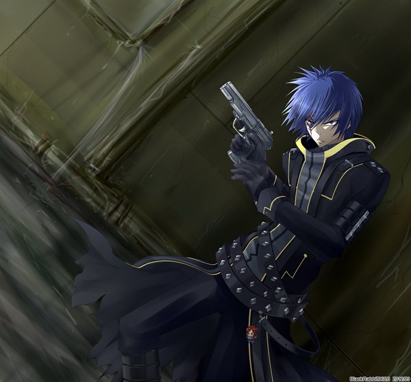 Anime picture 1076x1000 with fairy tail jellal fernandes blackrabbit0626 single short hair blue eyes blue hair face paint boy gloves water gun cloak pistol