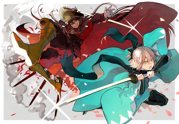 Anime picture 900x625 with fate (series) koha-ace okita souji (fate) (all) okita souji (koha-ace) oda nobunaga (fate) (all) oda nobunaga (fate) nosaki tsubasa fringe short hair open mouth blonde hair hair between eyes red eyes brown hair multiple girls green eyes very long hair spread arms half updo framed