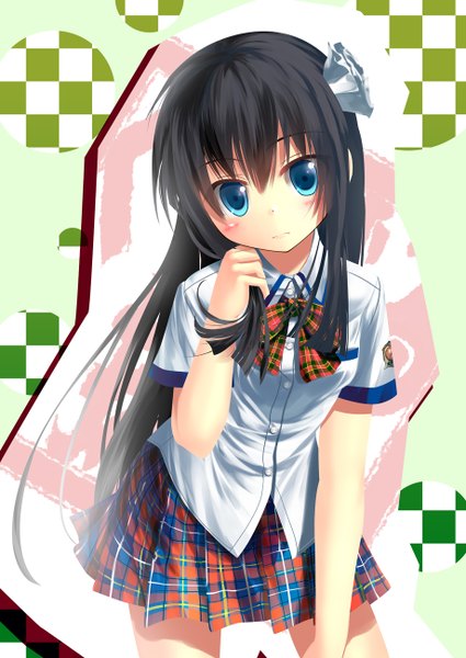 Anime picture 920x1300 with original kouji (astral reverie) single long hair tall image looking at viewer blush blue eyes black hair girl skirt uniform school uniform