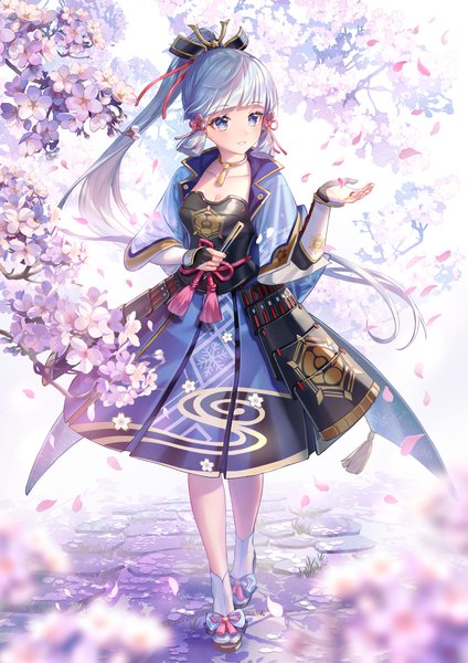 Anime picture 2894x4093 with genshin impact kamisato ayaka maica sunahara single long hair tall image blush fringe highres blue eyes smile standing holding looking away silver hair full body outdoors ponytail blunt bangs parted lips