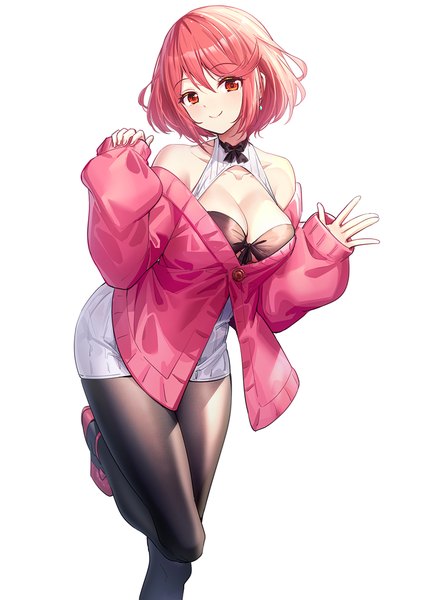 Anime picture 851x1200 with xenoblade xenoblade 2 pyra (xenoblade) ririko (zhuoyandesailaer) single long hair tall image looking at viewer blush fringe short hair breasts light erotic simple background hair between eyes red eyes large breasts standing white background cleavage