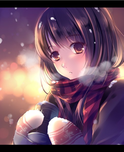 Anime picture 1200x1472 with original ringonotane (muku) single long hair tall image looking at viewer black hair brown eyes snowing letterboxed winter exhalation girl scarf