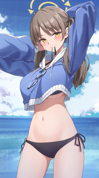 Anime-Bild 1074x1921 mit blue archive moe (blue archive) moe (swimsuit) (blue archive) reulem single long hair tall image looking at viewer blush light erotic smile brown hair standing twintails holding yellow eyes mouth hold official alternate costume horizon arms behind head