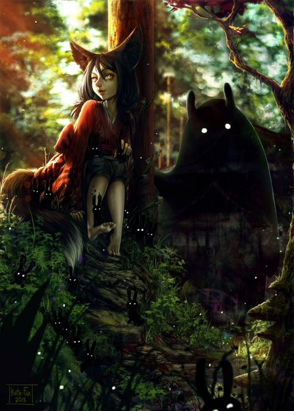 Anime picture 2150x3000 with original kate-fox long hair tall image looking at viewer fringe highres black hair hair between eyes sitting signed animal ears yellow eyes tail traditional clothes japanese clothes animal tail barefoot sunlight bare legs