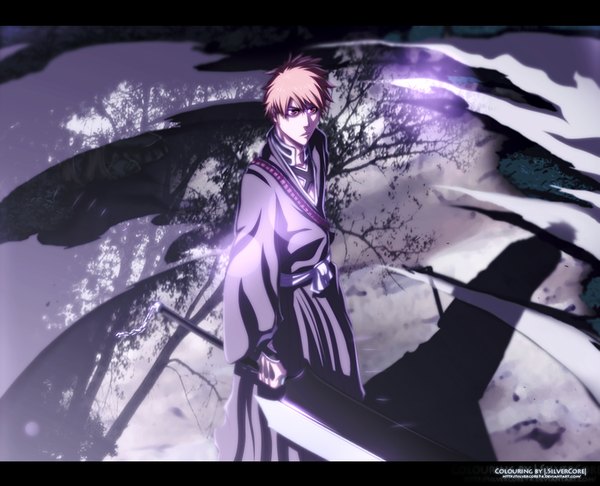 Anime picture 1024x830 with bleach studio pierrot kurosaki ichigo silvercore94 single short hair red eyes brown hair japanese clothes from above shadow coloring light smoke boy weapon plant (plants) tree (trees) belt kimono