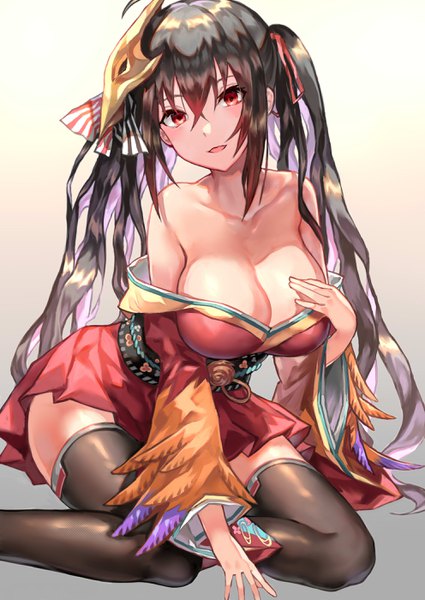 Anime-Bild 1982x2800 mit azur lane taihou (azur lane) denchu (kazudentyu) single long hair tall image looking at viewer blush fringe highres breasts open mouth light erotic black hair simple background red eyes large breasts sitting twintails bare shoulders