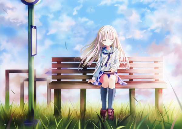 Anime picture 1500x1068 with shino (eefy) long hair blonde hair sky cloud (clouds) eyes closed wind girl plant (plants) serafuku book (books) grass bench